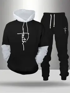 2-piece autumn/winter new men's long-sleeved casual drawstring hoodie with pockets, sportswear with letter patterns, printed elastic waist drawstring trousers, casual sports travel holiday fitness running set