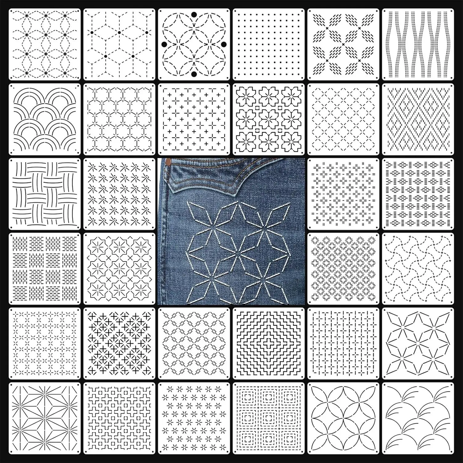 32-Piece Sashiko Stencil Kit, 5.1x5.1inch Reusable PET Plastic Templates for Embroidery & Quilting Patterns
