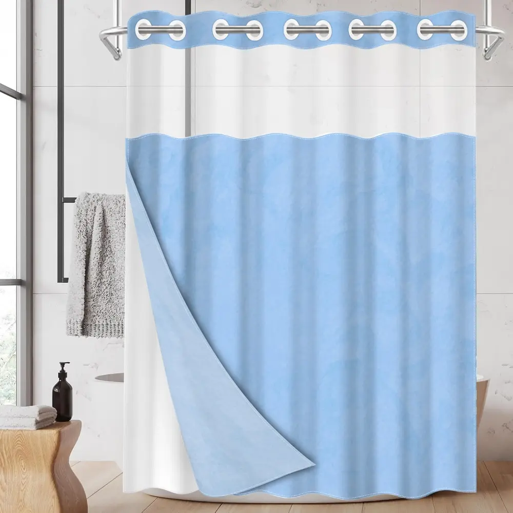 1pc hookless shower curtain with buckle lining, light blue textured design, Modern shower curtain, 2D printing, fabric waterproof lining, see-through double-layer shower curtain, 71 x 74 inches, Shower Curtain Liner, Bathroom Accessory