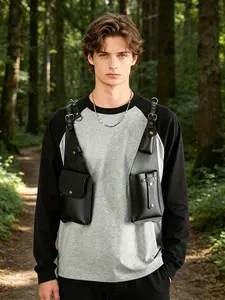 Vintage Aged Leather Underarm Harness Crossbody Bag, Multi-Pocket Utility Vest Sling Pack with Brass Hardware, Retro Streetwear Chest Bag for Long Walks & Outdoor Adventures