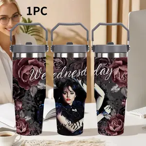 1pc 30oz Stainless Steel Insulated Cup, Wednesday TV Show Art Poster Design, Gothic Dark Aesthetic, Perfect Match for Series Fans Perfect for Travel, Coffee, Sports, Great Gift for Family & Friends