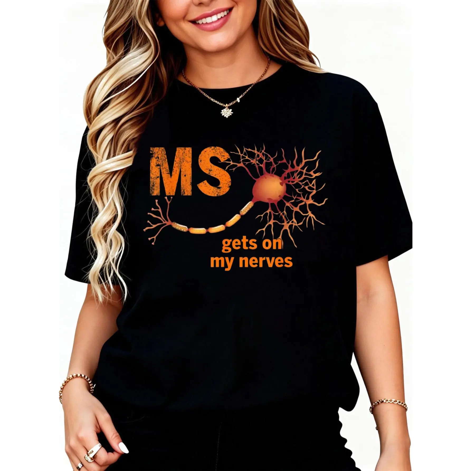 Women's Short-Sleeve Round Neck Graphic T-Shirt, Casual Everyday Wear, MS Get On My Nerves Multiple Sclerosis Awareness Top, Shortsleeve, Tshirt, Vintage