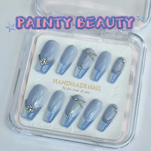 【A80】Coffin Shape French Style Sky Mirror Handmade Press On Nails with Pearl Accents by nails Collection