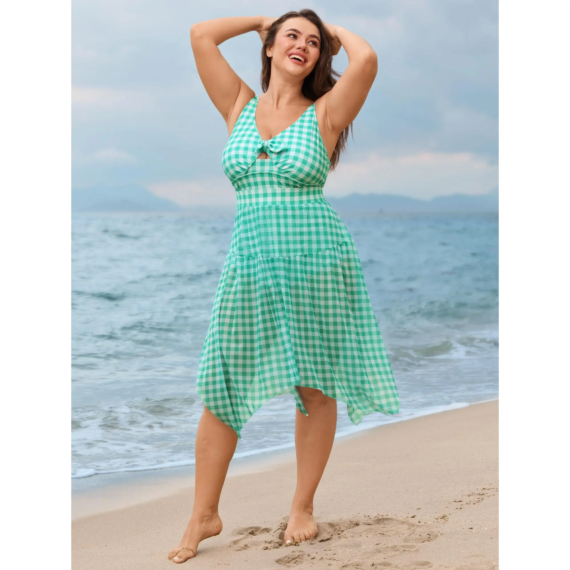 BLOOMCHIC Plus Size Check Print Cut-Out One-Piece Swimsuit [M-6X] ,Summerfinds