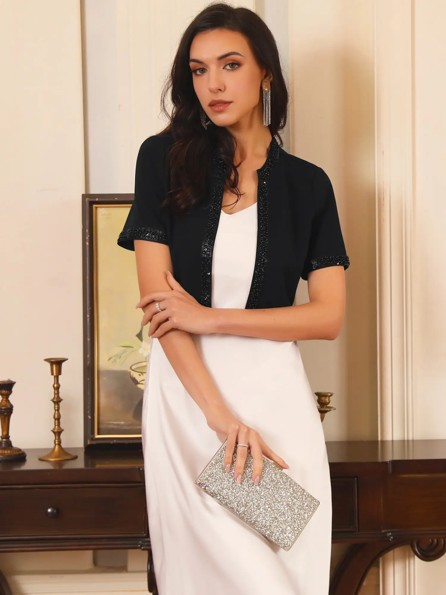 INSPIRE CHIC Women's Cropped Bolero Sequined Trim Short Sleeves Open Front Formal Blazer