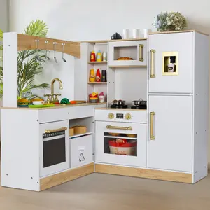 Corner Play Kitchen for Kids, Wooden Pretend Toy Kitchen, Large Toodler Cooking Playset w/Refrigerator, Stove w/Light & Sound, Disinfection Locker, Water Dispenser, Sink, Home Modern Ages 3+