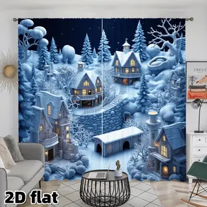 2D Flat 2Pcs Winter Wonderland Curtains, Snow Village Scene, Blue Night Forest, Snowy Cabins with Warm Lights, Pole Pocket Style, Semi Sunshade Polyester Fiber, Home Decoration Curtain, Suitable for Home Living Room, Bedroom, Balcony, Kitchen