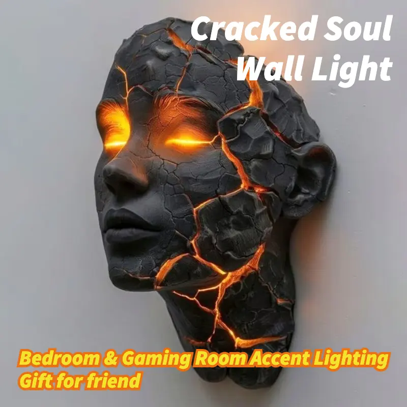 "Cracked Soul" Decorative Wall Light - Resin Art Abstract Face Sculpture - Gothic-Lava Glow Indoor Lighting, Home Decor Light for Bedroom & Gaming Room Accent
