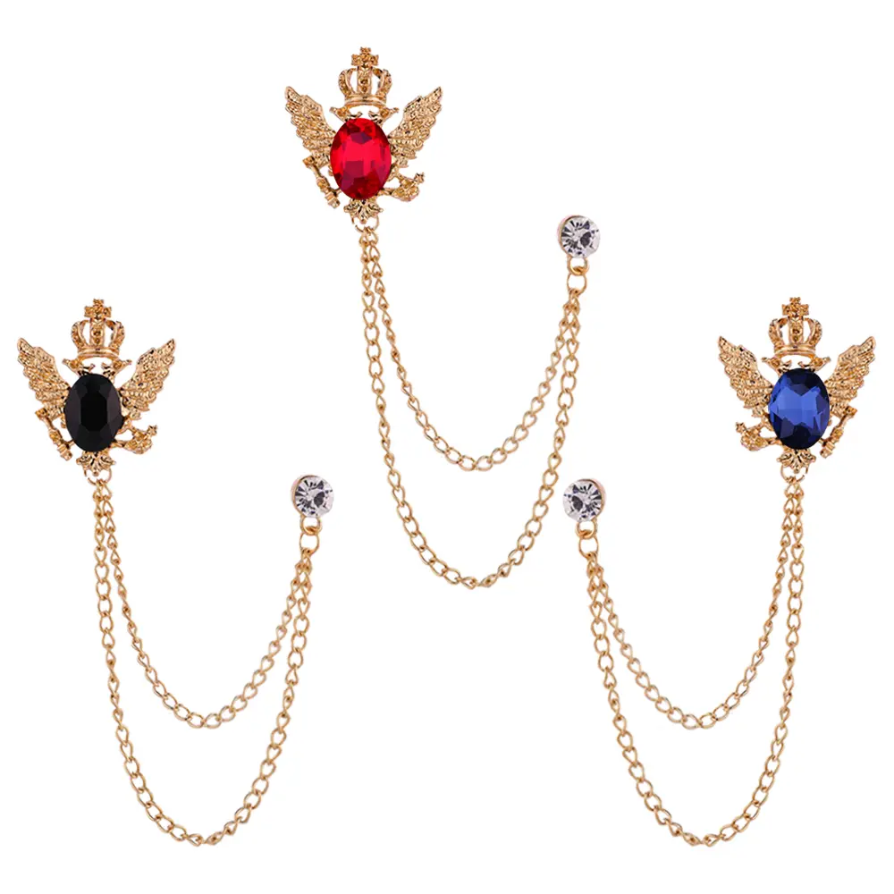 3PCS Brooches for Men Lapel Pin Shirts Collar Chain Coat Pin Crown Gem Layers Tassel Chain Suit Collar Shirt Studs Metal Lapel Stick Gold Chain Jewelry Accessories Vintage Brooch Rhinestone Brooches for Women, Black Blue Red