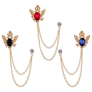 3PCS Brooches for Men Lapel Pin Shirts Collar Chain Coat Pin Crown Gem Layers Tassel Chain Suit Collar Shirt Studs Metal Lapel Stick Gold Chain Jewelry Accessories Vintage Brooch Rhinestone Brooches for Women, Black Blue Red