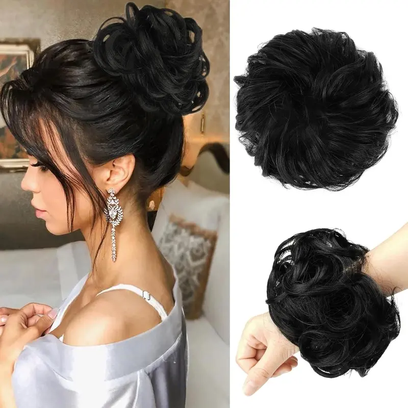 Messy Bun Hair Piece - Large Wavy Curly Elastic Hair Bun Scrunchies Ponytail Extensions Synthetic Chignon Hairpieces for n, Off Black 1.94oz