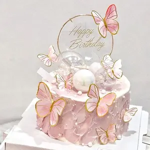 Pink Butterfly Cake Toppers, 11pcs Cupcake Toppers Happy Birthday Metal Gold Topper for Girls Women's Party Decorations