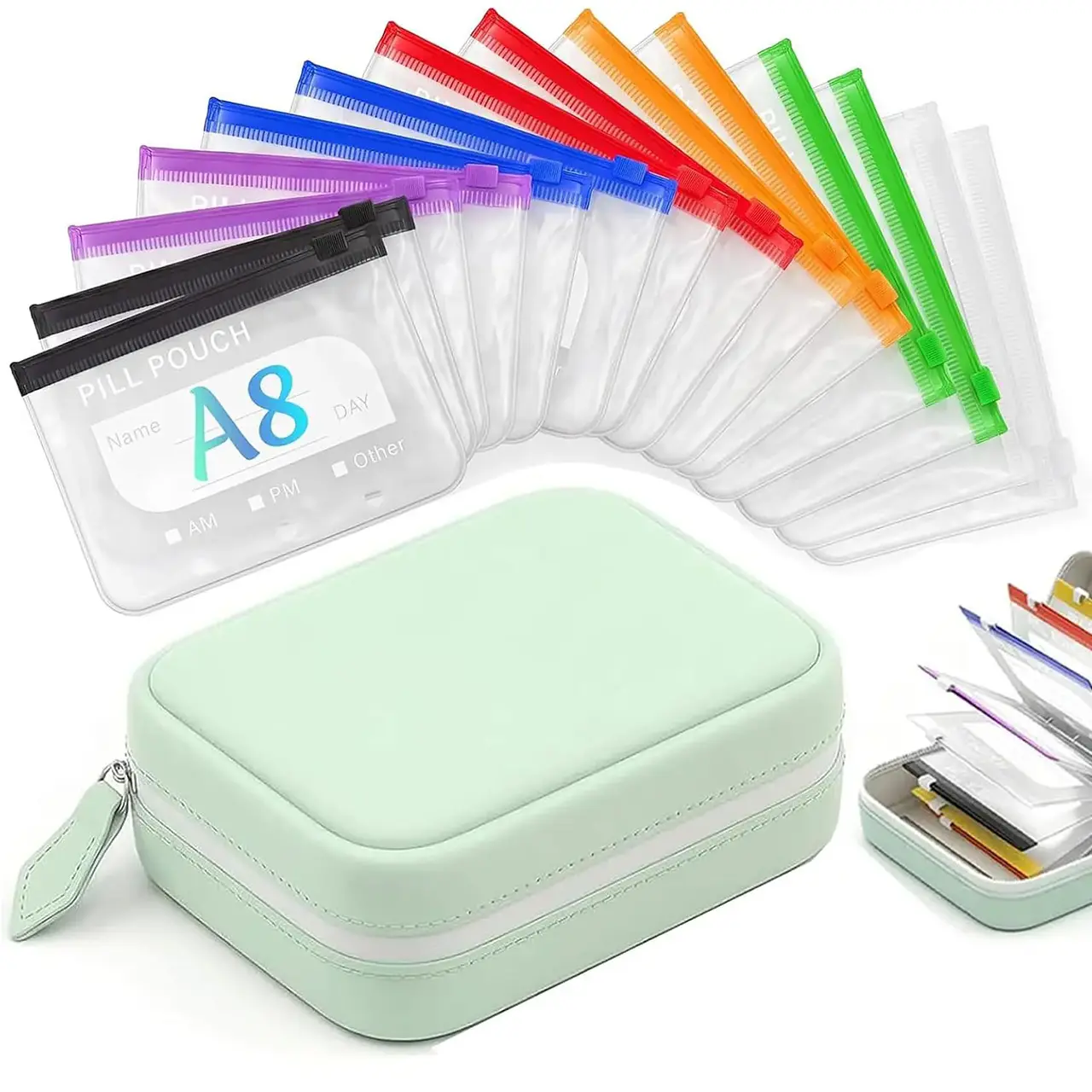 Waterproof Pill Pouch Set, 14pcs Bags Inside, A8Waterproof Pill Organizer Set, 7 to 14 Days ofMeds,Zippered Pill Storage for Fish Oils, Vitamins,Reusable Pocket Pharmacy with Color-CodedLabels dealsforyou, summerwins