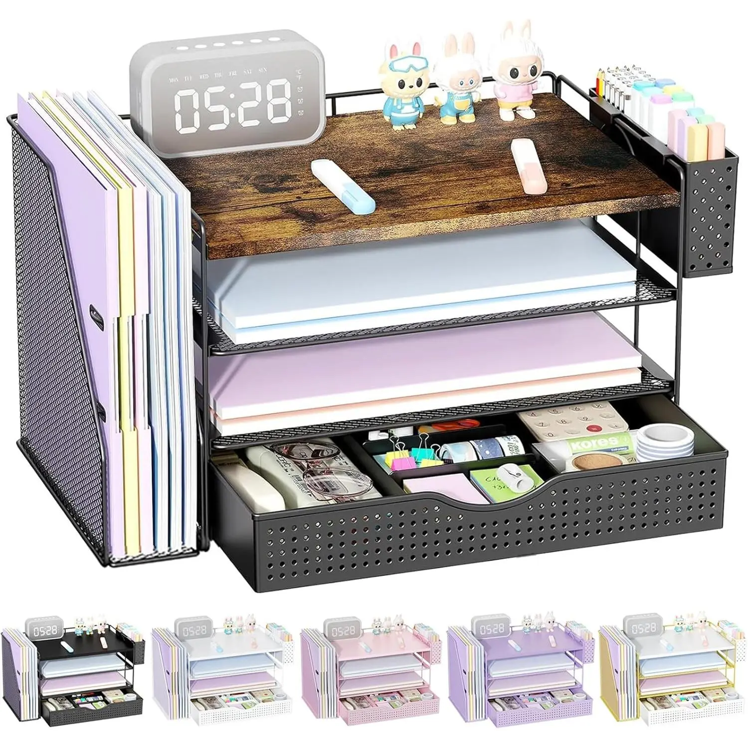 Wooden 4-Tier Freestanding Desktop File Organizer - 4 Trays, 1 Magazine Rack, Storage Drawer, Pen Holder - Multi-Functional Office Inspo Accessory for Home Office File & Stationery Storage, Minimalist Decluttering, Solid Wood, Computer Accessories