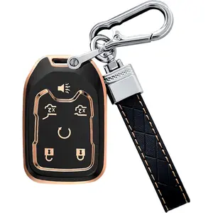 Key Fob Cover for Chevy Tahoe Suburban GMC Yukon Accessories with Keychain 6 Button Key Shell Case TPU (Black)