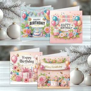 4-Piece Birthday Diamond Painting Card Set, DIY Handmade Holiday Greeting Cards with Envelopes, Creative Gift for Birthdays & Special Occasions