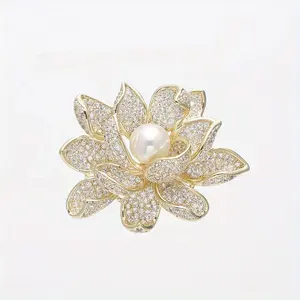 Elegant Lotus Flower Brooch Pin with Rhinestones and Pearl - Luxury Fashion Accessory for Women