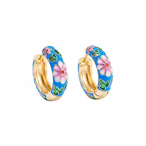 Blue Floral Enamel Hoops