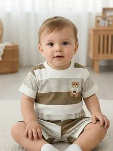 Daily Outdoor Casual 2-Piece Set & Knit Patchwork Round Neck Short Sleeve Cute Bear Embroidery Top + Elastic Waist Shorts Striped Sets