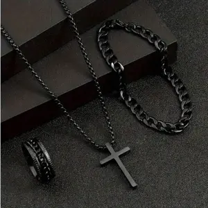 Men's Multifunctional Alloy Jewelry Set - 3pcs Set with Cross Pendant Necklace, Bracelet & Ring for Daily Wear or Gift Giving