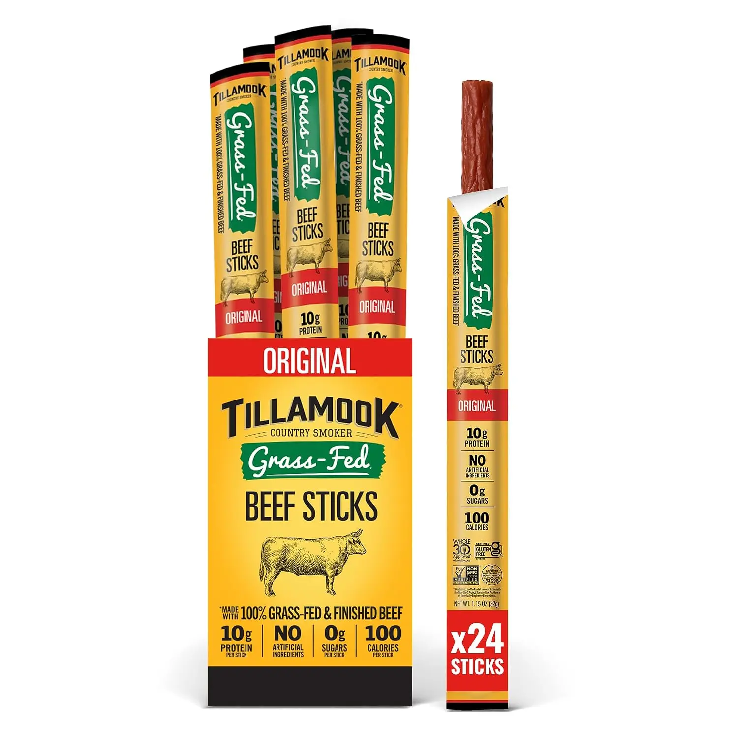 Tillamook Country Smoker 100% Grass Fed Beef Sticks, Zero Sugar, Original, 1.15 Oz, 24 Pack, Non-GMO Clean Meat Snacks, 10g High Protein Per Stick, Gluten Free Keto Snack, Individually Wrapped