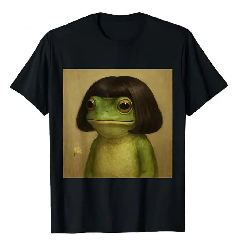 Women's Short-Sleeve Round Neck Cotton-Polyester T-Shirt, Stylish Casual Bob Hair Frog Portrait Cute Weird Art Print Premium Top
