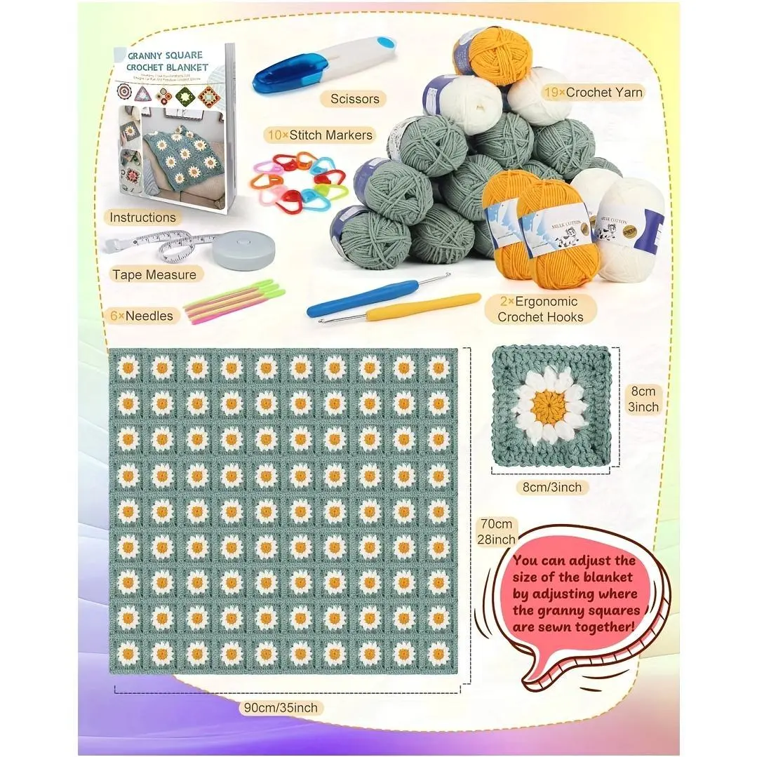 Blanket Crochet Kit for Beginners, Granny Squares Crochet Blanket Kit with Soft Yarns Detailed Instruction, Complete Crochet Starter Kit for Daisy Blanket, Easy to Learn Yarn Kit