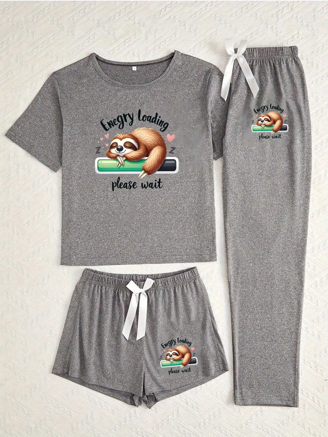 Three-Piece Pajama Set for Women, Lazy Bear Pattern, Casual Fitted Sleepwear, All-Season Comfortable Nightwear