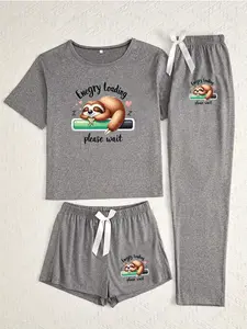 Three-Piece Pajama Set for Women, Lazy Bear Pattern, Casual Fitted Sleepwear, All-Season Comfortable Nightwear