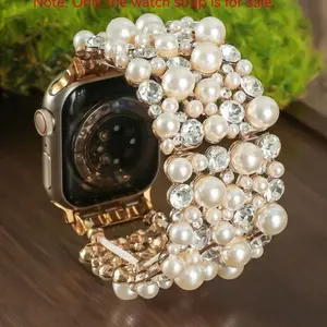 Fashionable Durable Full Diamond Pearl Elastic Rope Apple Watch Band, Compatible with Series 1-11, 38/40/41/42/44/45/46/49mm, Iwatch Strap