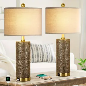 2024 Set of 2 Table Lamps with USB A+C Fast Charging Ports, 27in Gold Bedside Nightstand Lamps with Beige Linen Fabric Shade for Bedroom, Living Room, Nursery Room, Office, Study Room