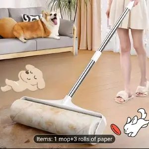 4pcs/set (3 Rolls of Paper+1 Mop Long Handled Hair Remover, Retractable Hair Brush for Clothing, Household Floor Cleaning Tool for Cat Hair, Pet Hair Removal Roller, Sofa Carpet Dust Roller, Cleaning Tool