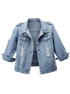Skoinvb Women's Versatile Distressed Denim Jacket - Ripped Lapel Slim-Fit Casual Coat, Ideal for Daily Outings & Effortless Styling