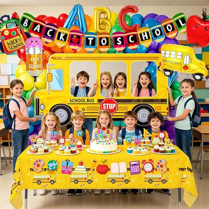 Back to School Decorations First Day of School Decorations with School Bus Photo Prop Rainbow Balloon Arch Banners Tablecloth Cake Topper ABC Apple Pencil Schoolbag Balloons for Classroom Kindergarden