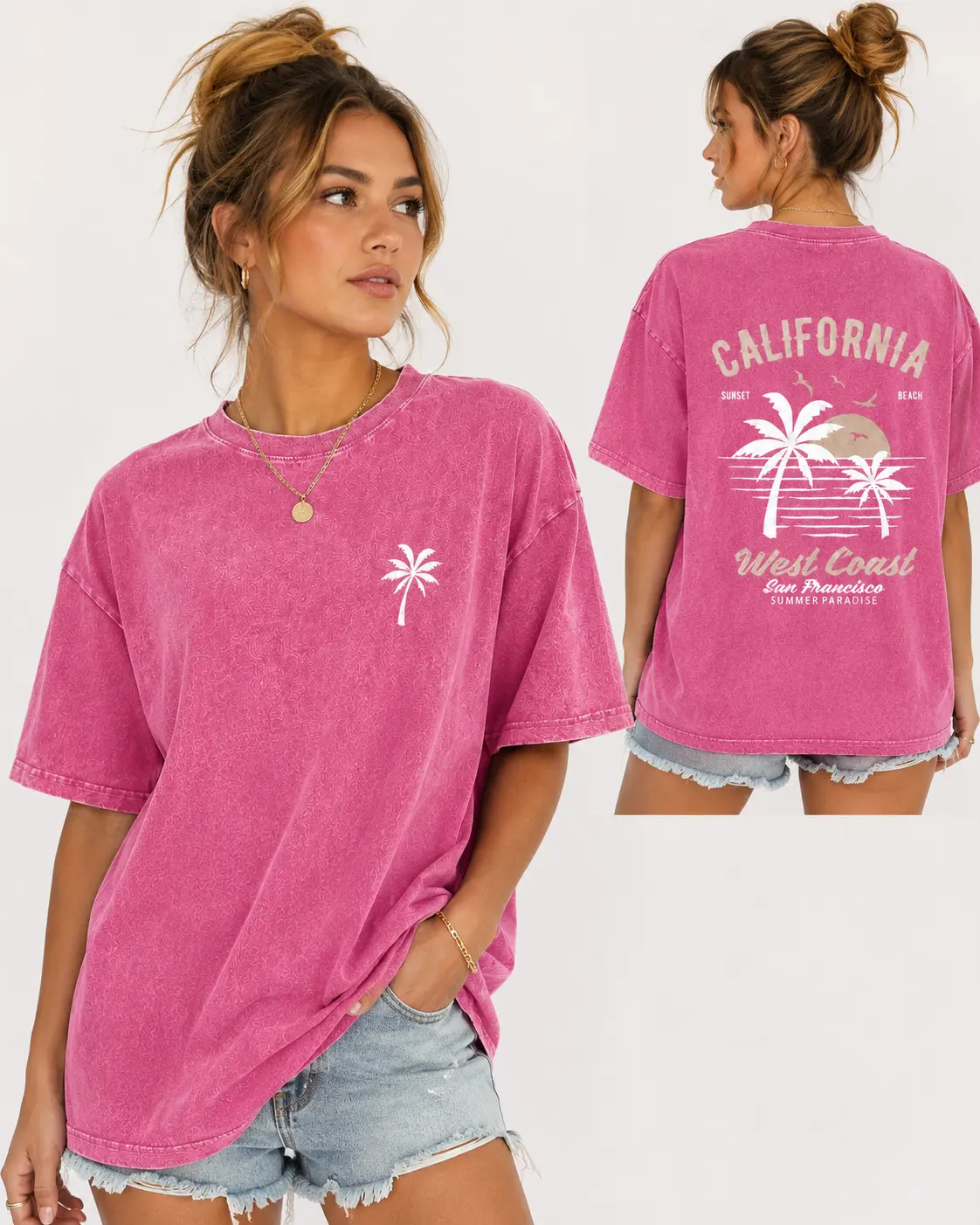 Pink Vintage Washed T-Shirt - California Palm Tree Sunset Graphic Tee, 230g Heavyweight Cotton, Y2K Oversized Streetwear, Unisex Summer Beach Top