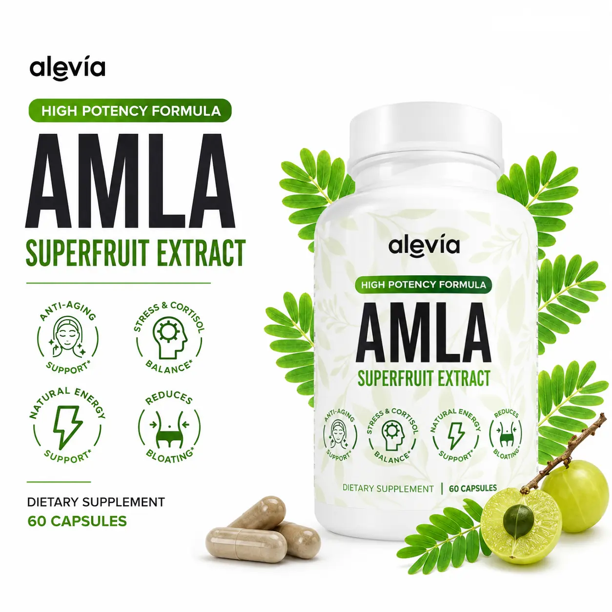 Alevia Organic Amla Capsules 1000mg, Indian Gooseberry Supplement, Antioxidant and Daily Nutritional Support, 60 Capsules, 1-5 Pack