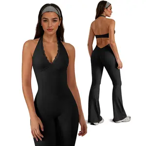 Women Halter Lace Trim Backless One Piece Jumpsuit High Waist Flare Leg Bodycon Yoga Workout Bodysuit
