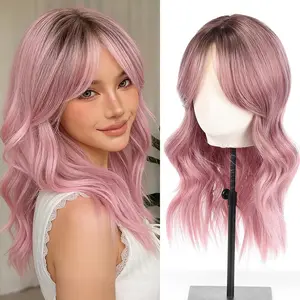 Ombre Dark Pink Wig Medium Length Lavender Wigs for White Women 20 Inch Short Middle Part Bob Wig Heat Resistant Synthetic Wavy Curly Wigs for Girls Daily Party/Christmas Use