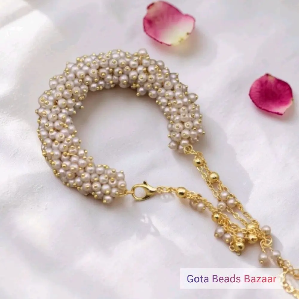 Gota Beads Bazaar Clustered Twisted Gajra Mala with Bangles Locket and Earrings Pearl Accents for Festive Wear