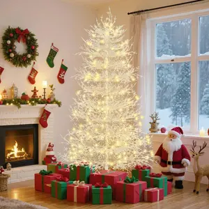 6FT Pre-lit Aspen Fir Artificial Christmas Tree, Hinged indooroutdoor xmas tree  623 Snow Flocked Branch Tips, 420 Warm White LED Lights, Holiday Coral Christmas Tree for Home Party D - White LED Lit Christmas Tree for Festive Home Decor and Holiday Celeb