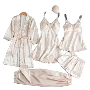 High Quality Custom Ladies Satin Silk Sleepwear Robe Set 5 Piece Solid Pajamas with Lace Decorations and Bodysuits T - Womenswear, Loungewear Comfortable Clothing Overall Seamless Elegance Lady Comfort