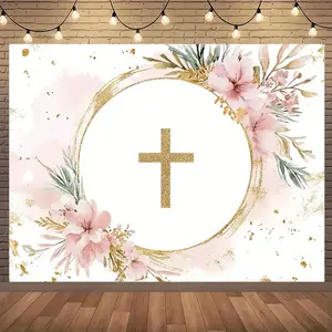 1pc Floral Backdrop God Bless Theme Golden Circle Cross Design Elegant Pattern for Baptism First Communion Easter Spring Home Office Decor