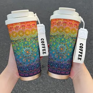 18oz Colorful Mandala Insulated Mug with Straw and Leak-Proof Lid - Portable Coffee Travel Cup, Suitable for Sports, Office - Valentine's Day, Mother's Day Gift