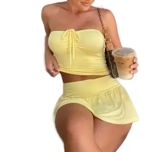Cute Summertime Fine 2 Pc Set Tube Top and Skirt - Yellow Solid Color Drawstring Short Skirt & Sleeveless Top for Women