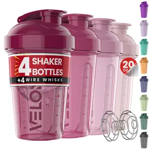 VELOMIX 20 Oz 4-Pack Leak-Proof Protein Shaker Bottles - BPA-Free, Dishwasher-Safe, Secure Twist Lid, Removable Mixing Ball for Protein Mixes, Workout Gym Sports Water Bottles