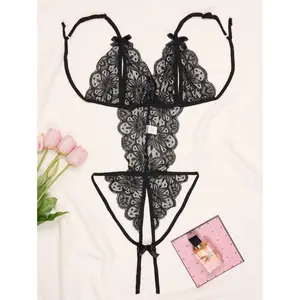 1pc Women's Open Crotch & Backless Three-Point Lace Bodysuit With Bust Exposed & Body-Shaping Santa lingerie outfit for days date night