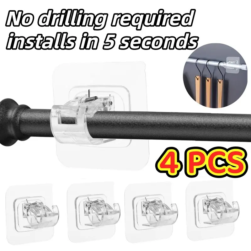 4PCS No Drill Window Curtain Rod Brackets, Self Adhesive Transparent Plastic Curtain Rod Holders, Nail-Free Multi-Purpose Rod Mounts with Clear Hook Supports for Bathroom, Bedroom, Kitchen, Dorm Room & Home Decor
