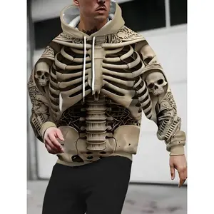 Men's 3D Skull Print Hoodie, Polyester Material, Drawstring Pocket, Kangaroo Pockets, Casual Sportswear for Spring & Fall