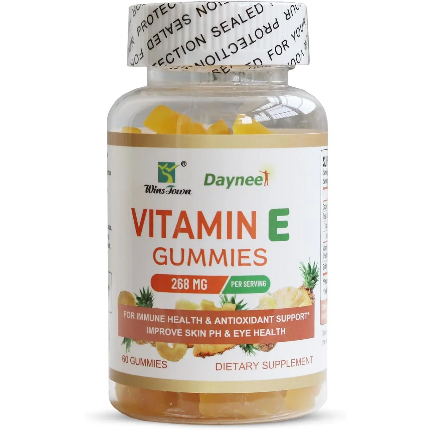 Wins Town Vitamin E Gummies 268mg Pineapple Flavor 60 Count for Immune Health Antioxidant Support Skin pH Eye Health Supplement