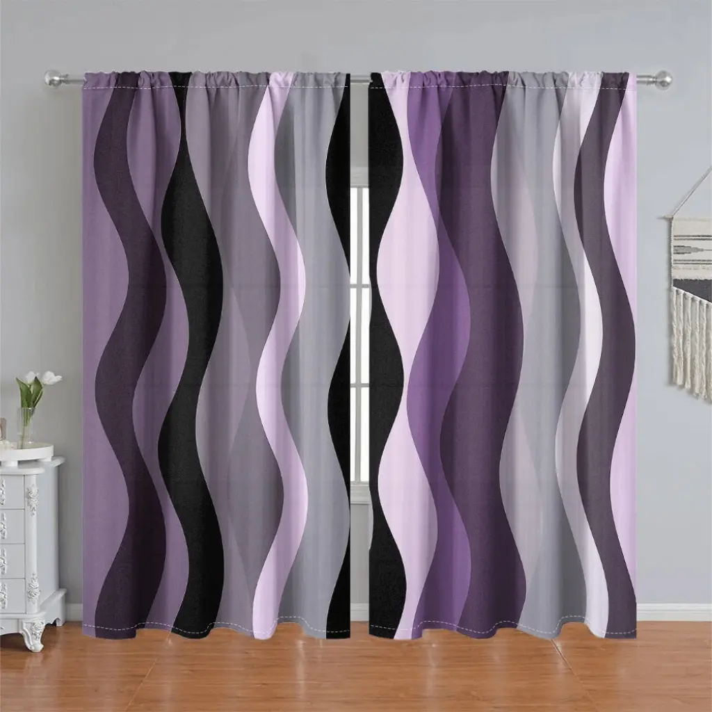 2Pcs Wave Pattern Printed Curtain Panels, Home Decorative Curtain, Home Textile, Purple and Grey Gradient, Pole Pocket Style, Semi-Sunshade, Suitable for Home Living Room, Bedroom, Balcony, Kitchen, Study Shower Window Decoration, Accessory, Anti-Privacy.